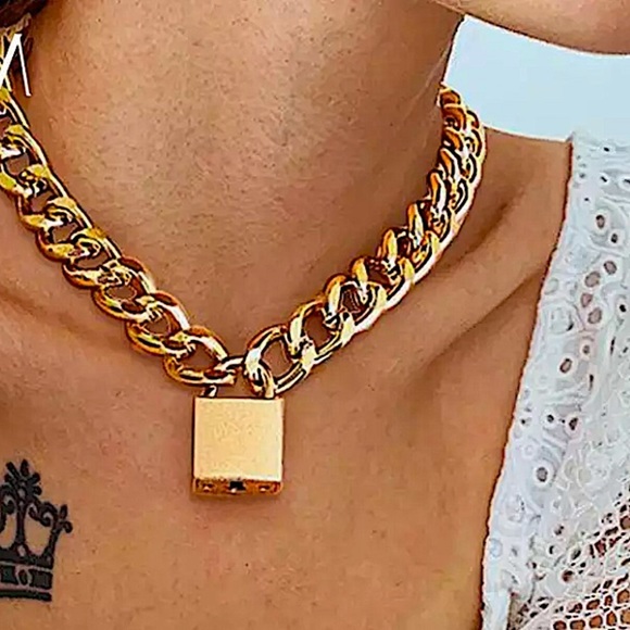 Gold Lock & Key Cuban Chain Link Punk Choker - Picture 5 of 13